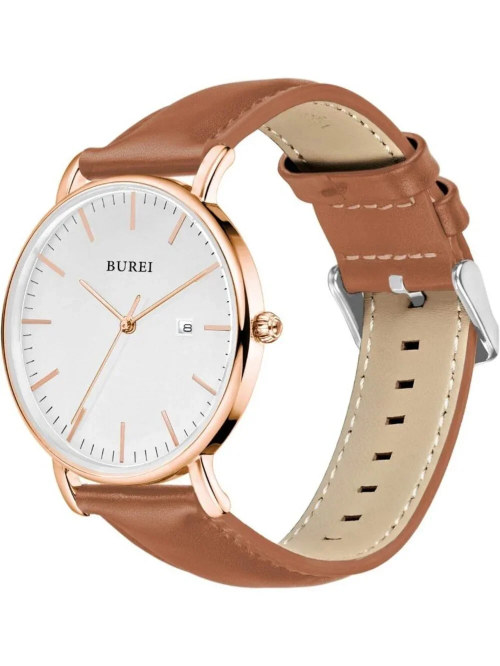 Men's White And Brown Band Mesh Strap Minimalist Analog Quartz Waterproof Watch